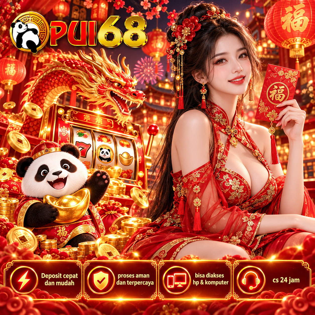 Ilustrasi PUI68 bertema perayaan merah dan emas, dengan maskot panda