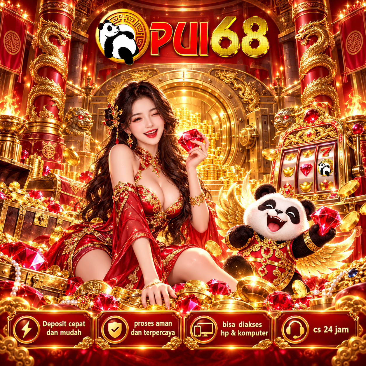 Gambar visual PUI68 2, berwarna merah emas dengan panda dan dekorasi perayaan