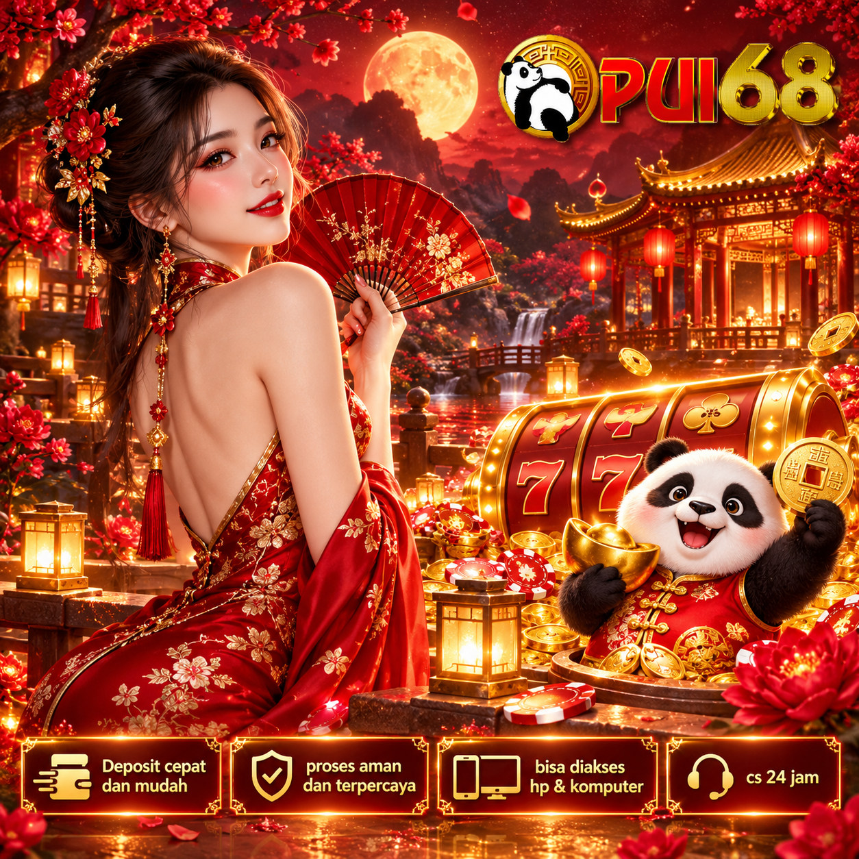 Gambar visual PUI68 3, berwarna merah emas dengan panda dan dekorasi perayaan